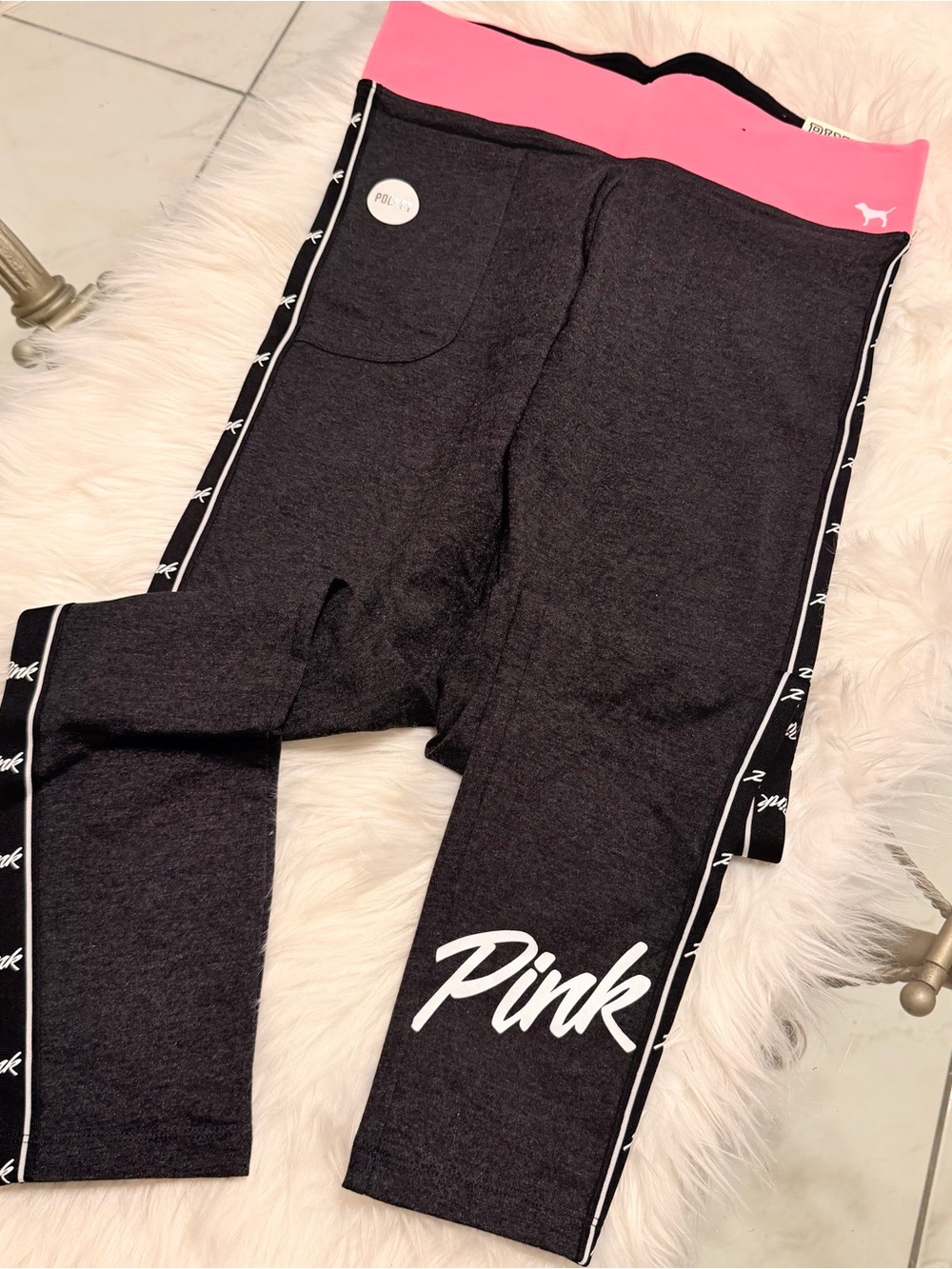 PINK Victoria's Secret Dark Gray Leggings with Pink Waistband